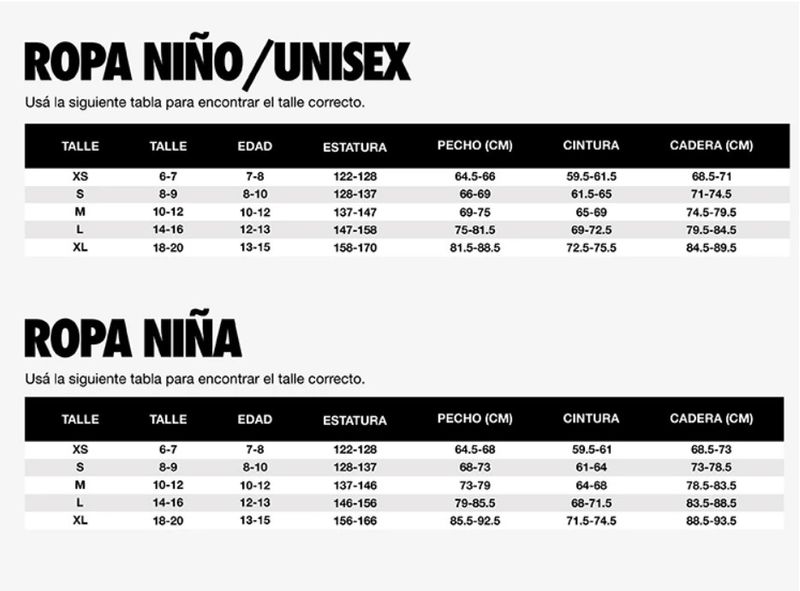 guia de tallas nike nino
